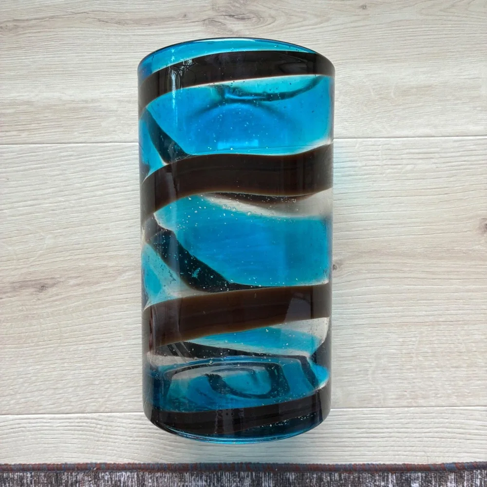 Vintage Murano Style Hand Blown Art Glass Vase Turquoise Blue Brown Swirl 9.5in